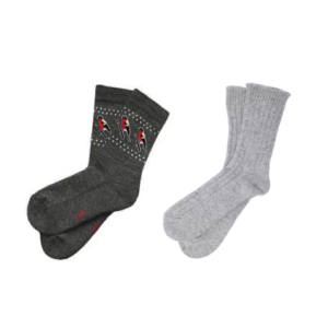 The Merino & Villa socks - SUVA features two pairs: one dark grey with a pattern of small red and white birds, and the other plain light grey. Both are displayed side by side on a white background. Gate21.ee