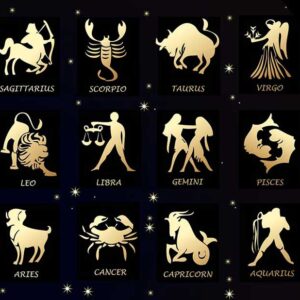 Twelve gold zodiac symbols shine on a black background, each named and surrounded by stars&mdash;ZEN 925 Sterling Silver Zodiac Earrings offer a striking Estonian design, perfect for concept shops or gift shops. Gate21.ee