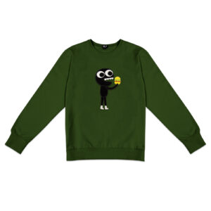 The Hamburger - Sweatshirt Green features a cartoon character with a black body and large eyes holding a small yellow object, centred on the chest—a playful Estonian-inspired design perfect for any gift shop. Gate21.ee
