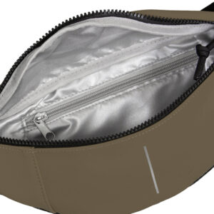 A close-up of the Waistbag - Olive with a black zip reveals its silver-lined interior and inner zipped pocket—an elegant, Estonian-inspired accessory perfect for your next Tallinn shopping trip. Gate21.ee