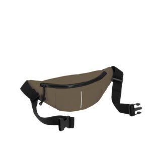 The Waistbag - Olive features a black adjustable strap, black plastic buckle, top zip fastening, and a small vertical white line on the front—ideal for your next Tallinn shopping trip. Shown against a white background. Gate21.ee