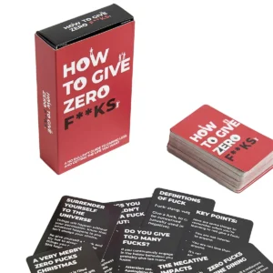 How to Give Zero F**ks – Cards pictured in a bold red box with witty phrases displayed—a fun card game, ideal for gift shops or anyone seeking curated finds while shopping in Tallinn. Gate21.ee