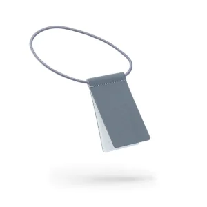 A small, silver luggage label with a ring-like loop at the top left corner. This curated piece of Estonian design is shown against a white background, highlighting its sleek and functional appearance. Gate21.ee