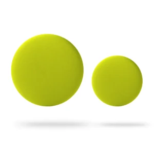 Double – Yellow: Two round, flat objects in different sizes and a yellow-green colour appear against a white background with soft shadows—ideal for sparking creative ideas or enhancing a concept shop display in Tallinn. Gate21.ee
