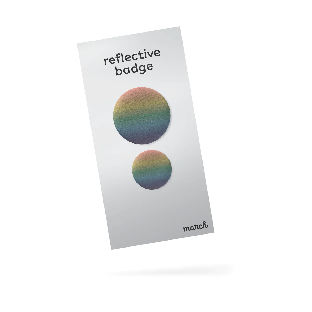 A white card labelled “Double - 7 Colours” showcases two round, rainbow-gradient reflective badges—one large and one small—with “march” printed in the bottom right corner. Gate21.ee