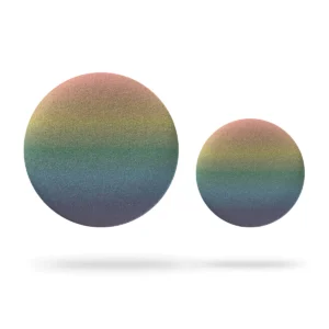 Two circular Double - 7 Colours objects with textured surfaces and a rainbow gradient float above a white background with soft shadows, evoking the creative flair found in a Tallinn concept shop. Gate21.ee