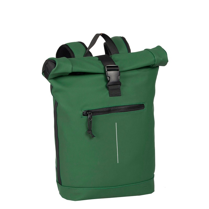 The New York Rolltop Rucksack - Dark Green features black straps, a front zip pocket, and a distinctive horizontal white line design. Upright against a white background, it's ideal for those after unique finds from Tallinn shopping. Gate21.ee