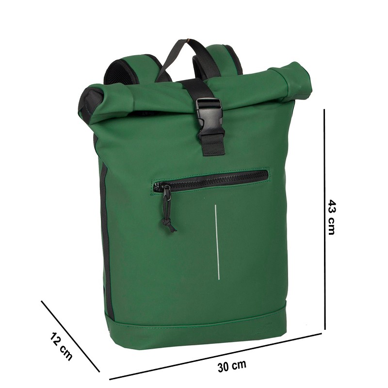 The New York Rolltop Rucksack in dark green features a front zip pocket and black buckle fastening. Measuring 43 cm tall, 30 cm wide, and 12 cm deep (dimensions shown), it's ideal for unique ideas from your favourite gift shop. Gate21.ee