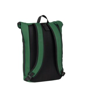 The New York Rolltop Rucksack - Dark Green features padded shoulder straps, a top carrying handle, and a mesh back panel—showcasing unique ideas inspired by Estonian design. Gate21.ee