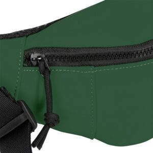 Close-up of the Waistbag - Dark Green showing its green fabric, black zip and pull cord, plus a side black strap with buckle—stylish and practical for any gift shop or unique ideas. Gate21.ee