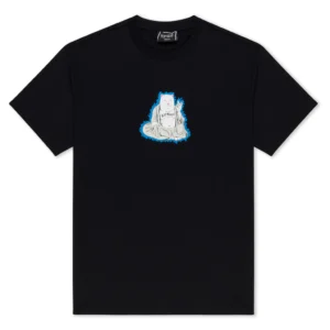 The Buddha Belly Tee - Black features a white cat sitting cross-legged with a blue outline, holding a "go f*ck yourself" sign. This bold Tallinn design is a playful gift shop find from Estonia. Gate21.ee