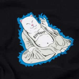 The Buddha Belly Tee - Black features a white cat with closed eyes and a big smile, dressed as a Buddha statue with RIPNDIP on its belly, outlined in blue on black—ideal for gift shops or concept stores seeking unique style. Gate21.ee