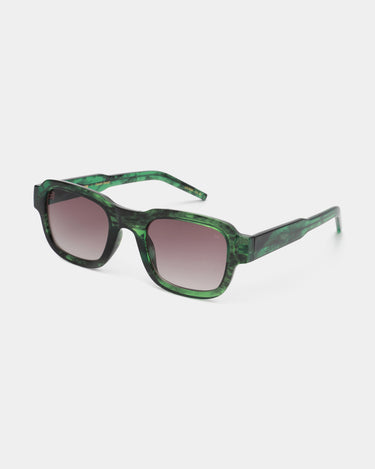 The HALO - Green Marble sunglasses by A. Kjærbede feature a square shape, green marbled frame, and gradient grey lenses, shown on a plain white background. Gate21.ee