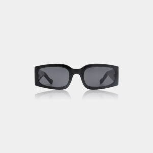 ALEX - Black: Sleek black rectangular sunglasses with dark lenses, showcased on a plain light background—ideal for anyone seeking unique style inspired by Estonian design. Gate21.ee
