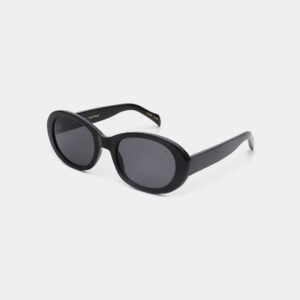 ANMA - Black: Sleek black oval sunglasses with dark lenses, showcased at a three-quarter angle on a plain white background—Estonian-inspired and ideal for any concept shop collection. Gate21.ee