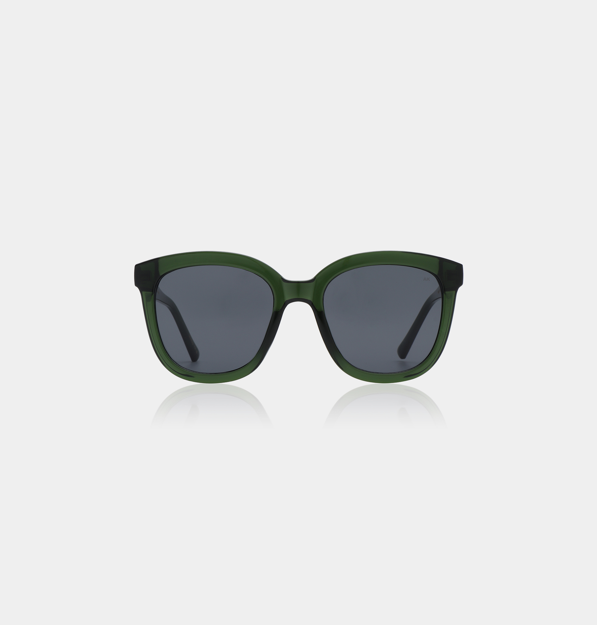 The BILLY - Dark Green Transparent sunglasses, featuring dark green frames and black lenses, are shown facing forwards on a plain white background—ideal for anyone seeking standout style or unique Tallinn shopping finds. Gate21.ee
