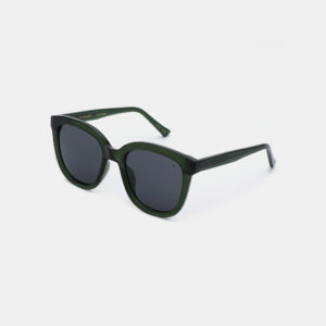 The BILLY - Dark Green Transparent sunglasses feature square frames and black lenses, showcased on a simple white background&mdash;ideal for trendsetters seeking curated style and unique inspiration from Tallinn shopping. Gate21.ee
