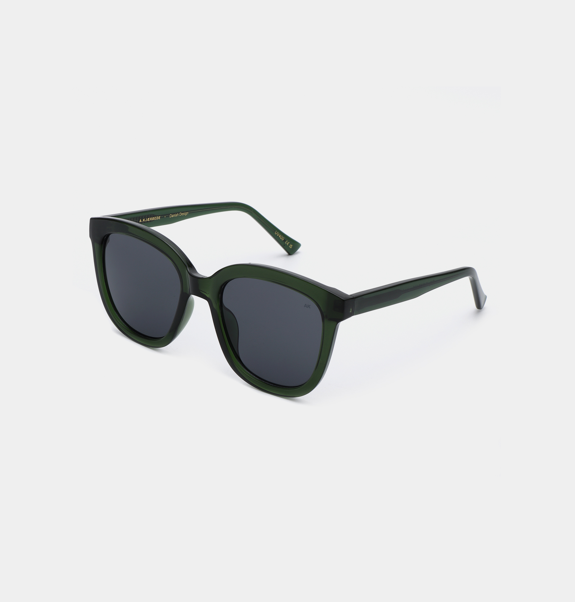 The BILLY - Dark Green Transparent sunglasses feature square frames and black lenses, showcased on a simple white background—ideal for trendsetters seeking curated style and unique inspiration from Tallinn shopping. Gate21.ee