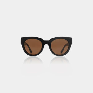 The LILLY - Black sunglasses feature black frames and round brown-tinted lenses, elegantly displayed against a plain white background. Gate21.ee