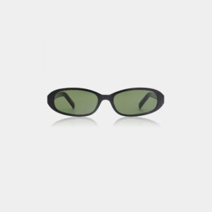 The MACY - Black sunglasses, featuring black oval frames and green-tinted lenses that highlight distinctive Estonian design, are shown on a plain white background. Gate21.ee
