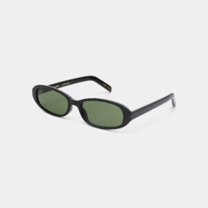 MACY - Black: Chic black oval sunglasses with green-tinted lenses, styled for sophistication and set against a white background&mdash;ideal for your next Tallinn shopping trip or as a trendy gift shop find. Gate21.ee