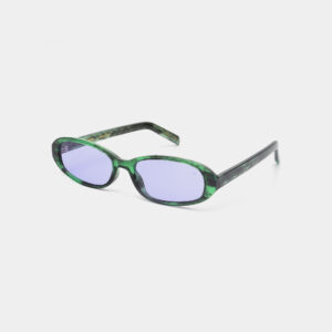 The MACY - Green Marble Transparent sunglasses feature oval, light purple lenses and a green marbled frame, inspired by Estonian design, shown on a plain white background. Gate21.ee