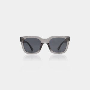 NANCY - Grey Transparent: Square-framed sunglasses with grey transparent rims and dark lenses, ideal for exploring creative ideas at a Tallinn concept store. Displayed on a plain white background. Gate21.ee