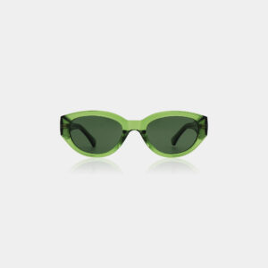 WINNIE - Light Olive Transparent sunglasses feature a slightly cat-eye frame and dark lenses, perfect for those seeking unique style ideas, shown against a plain white background. Gate21.ee