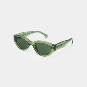 The WINNIE - Light Olive Transparent sunglasses feature a green, cat-eye shape with dark lenses and thick, translucent frames, showcasing Estonian design, displayed against a plain white background. Gate21.ee