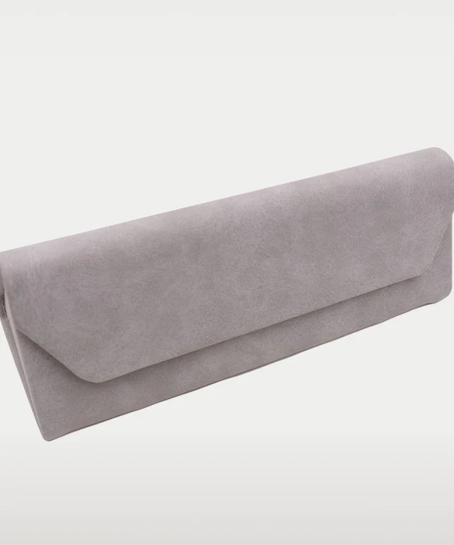 A. Kjaerbede - Sunglasses Case Fold: A rectangular, light grey suede case with a fold-over flap, featuring Estonian design, shown against a plain white background. Gate21.ee