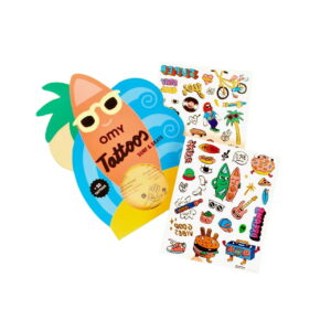 Kawaii - Temporary Tattoos: Two sheets featuring playful designs like food, animals, and surfboards come with a surfboard-shaped envelope—ideal for Tallinn shopping or discovering unique finds at your favourite concept store. Gate21.ee