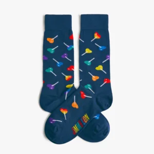Lollipops - Regular: Navy blue socks with colourful lollipop patterns and “JAM & BOW” in rainbow letters on the toes. Perfect for playful style or gifting from your favourite Tallinn shopping concept store. Gate21.ee