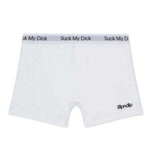 White boxer briefs with a grey waistband featuring the repeated phrase Suck My Dick in black text. This curated piece has the word Ripndip printed in black on the lower left leg, adding unique flair to your underwear collection. Gate21.ee