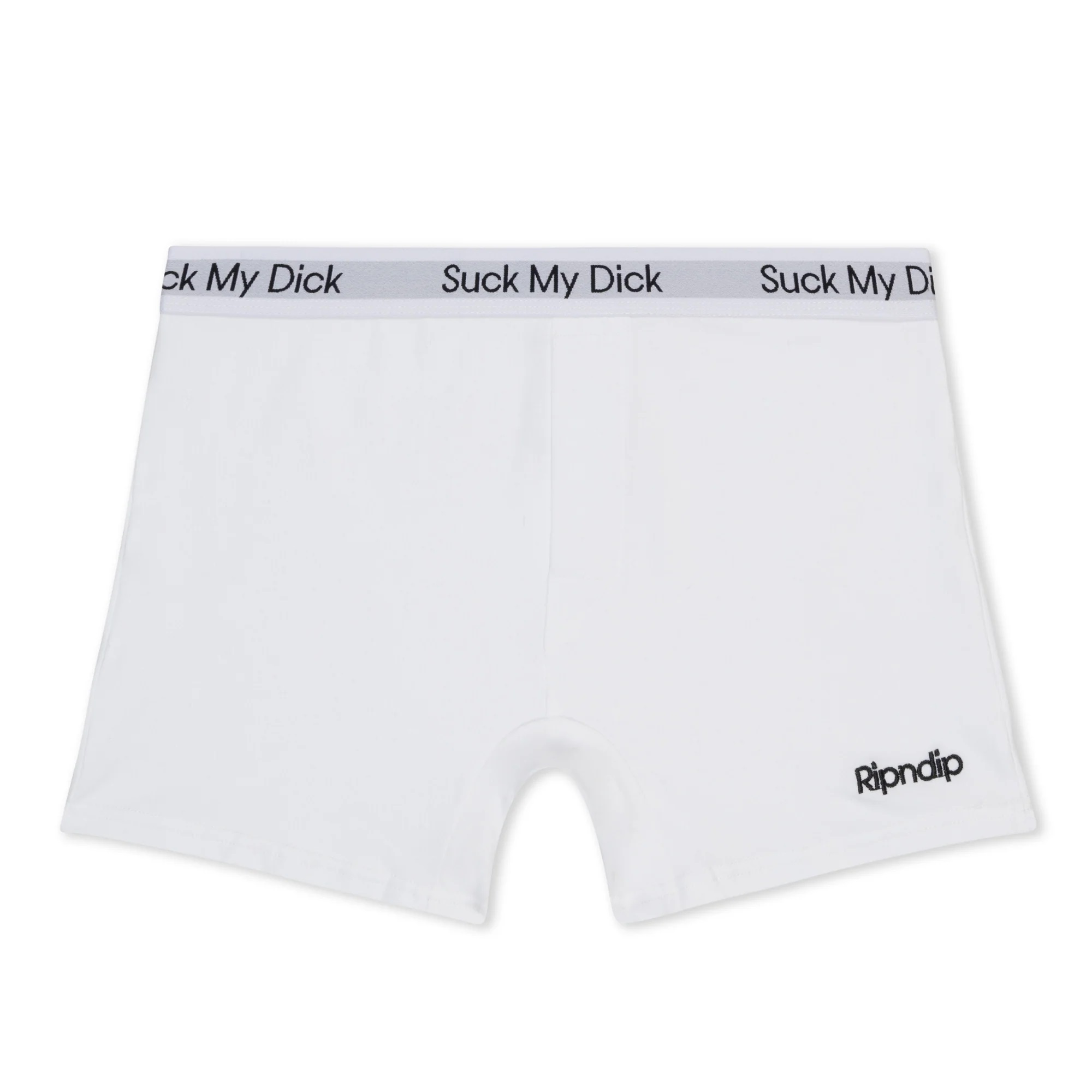 White boxer briefs with a grey waistband featuring the repeated phrase Suck My Dick in black text. This curated piece has the word Ripndip printed in black on the lower left leg, adding unique flair to your underwear collection. Gate21.ee