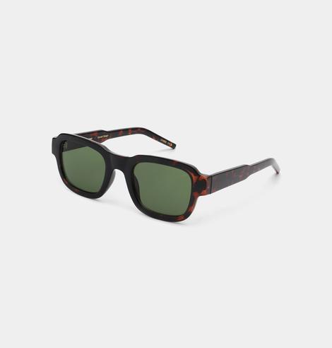 The HALO - Demi tortoise sunglasses feature a rectangular shape, dark green lenses, and a tortoiseshell-patterned frame, curated for the concept shop and displayed on a plain light grey background. Gate21.ee