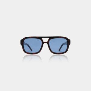 KAYA - Demi tortoise blue lenses: Stylish sunglasses with a dark tortoiseshell frame and blue-tinted rectangular lenses, shown on a light grey background—an ideal accessory for your Tallinn shopping spree or favourite concept store. Gate21.ee