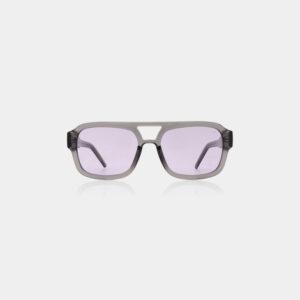 KAYA - Grey Transparent: Rectangular sunglasses with grey transparent frames and light purple tinted lenses, shown front-facing on a plain white background—an eye-catching accessory or a memorable gift from your Tallinn shopping adventure. Gate21.ee