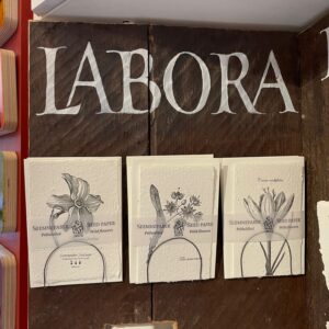 Labora - Postcard: Three curated wild flower seed paper packets with botanical illustrations hang on a wooden wall beneath "LABORA." Each packet showcases a unique floral design, making them perfect gift shop treasures. Gate21.ee