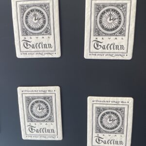 The Labora Magnet showcases a circular emblem with "Reval Tallinn The Holy Spirit Church" and black-and-white patterns, reflecting distinctive Estonian design. Four are displayed in a grid on a dark surface. Gate21.ee