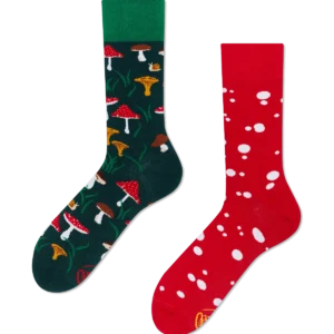 Meet the Shrooms: a quirky sock pair where the left is dark green with mushrooms and plants, and the right is red with scattered white spots—an ideal present for any enthusiast. Gate21.ee