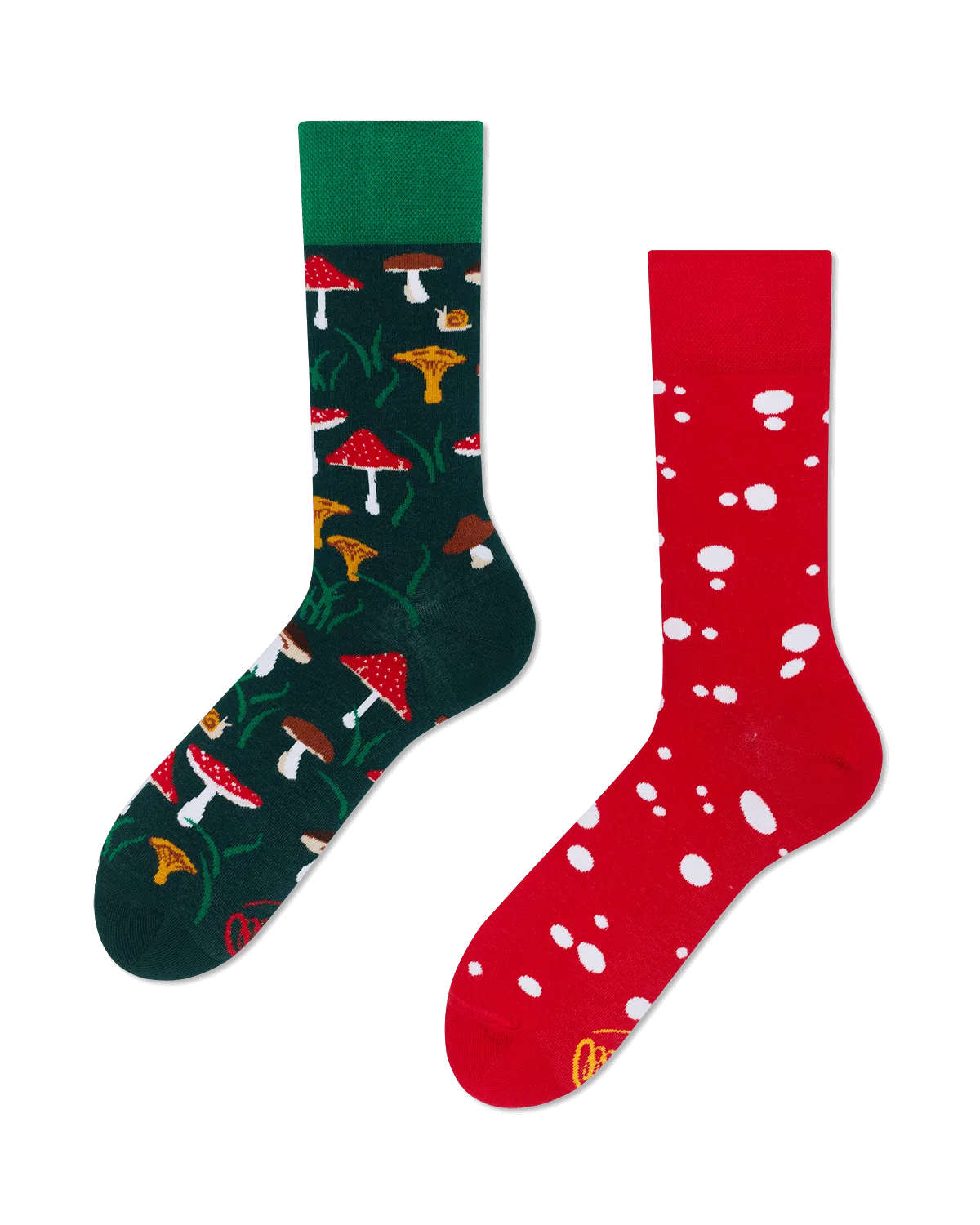 Meet the Shrooms: a quirky sock pair where the left is dark green with mushrooms and plants, and the right is red with scattered white spots—an ideal present for any enthusiast. Gate21.ee