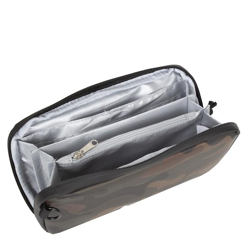 The Cincinnati - Phone Pocket and Wallet - Brown Camo is a rectangular zippered pouch with a camouflage pattern, shown open to reveal several silver and grey compartments—ideal as a distinctive Estonian-inspired gift shop item. Gate21.ee
