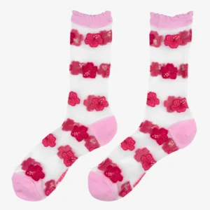 A pair of Hibiscus - Transparent Socks from Coucou Suzette, featuring horizontal rows of red and pink flower patterns and finished with solid pink toe, heel, and cuff sections. The white transparent socks are displayed side by side on a plain background. Gate21.ee