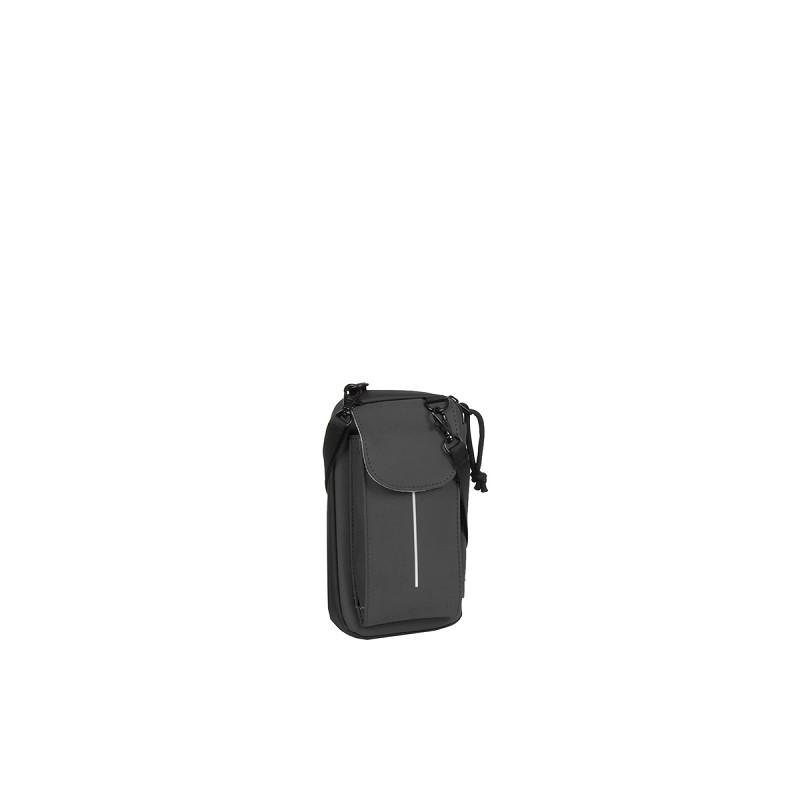 The Cincinnati - Phone Pocket and Wallet - Black is a compact, rectangular black crossbody bag with a front flap, zip pocket, and reflective strip, inspired by Estonian design and displayed against a plain white background. Gate21.ee