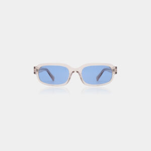 The WILL - Champagne features rectangular sunglasses with transparent frames and blue-tinted lenses, embodying curated Estonian design, displayed on a plain white background. Gate21.ee