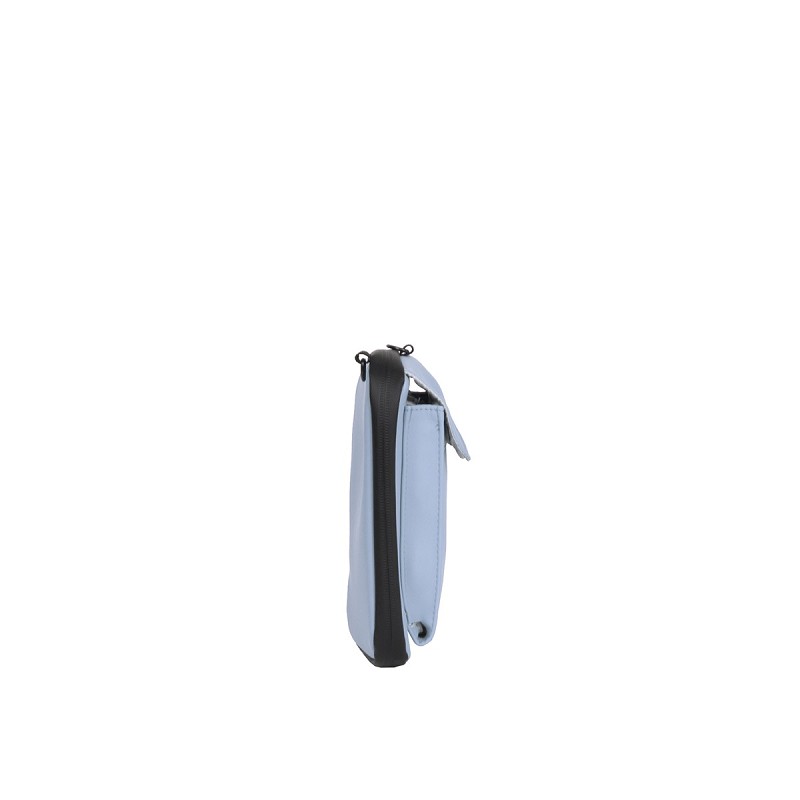 Photographed from the side in a curated style, the Cincinnati - Phone Pocket and Wallet - Soft Blue features a slim rectangular shape with black trim and a partially visible flap, its unique concept shop appeal highlighted by a plain white background. Gate21.ee