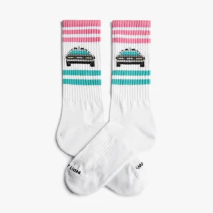 Delorean - Athletic: White socks with pink and teal stripes at the top, a car graphic on the front, and small black text on the toes—a fun Estonian design perfect for Tallinn shopping or as a unique souvenir. Gate21.ee