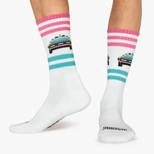 Wearing the Delorean - Athletic white crew socks, featuring pink and teal stripes, a car image on the sides, and JIMMYLION branding—ideal for fans of unique Estonian design or those hunting Tallinn shopping gifts. Gate21.ee