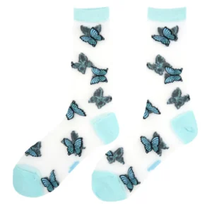 Butterfly - Transparent Socks: White socks with light blue heels, toes, and cuffs, adorned with blue and black butterfly patterns—ideal for bringing Estonian design flair to your concept shop collection. Gate21.ee