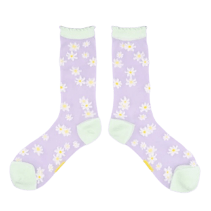 Discover Daisy - Transparent Socks: lavender socks with a white and yellow daisy pattern, plus light green heels, toes, and cuffs—an ideal unique Tallinn shopping find. Gate21.ee